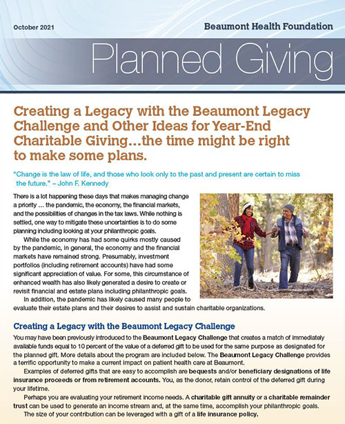 Beaumont Health Insights: Planned Giving/Legacy Challenge, October 2021 Issue