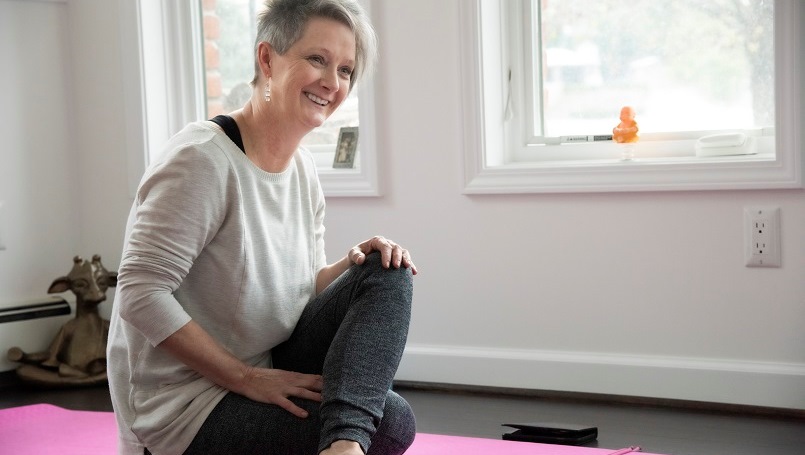 Angela Phillips doing yogapalooza at home